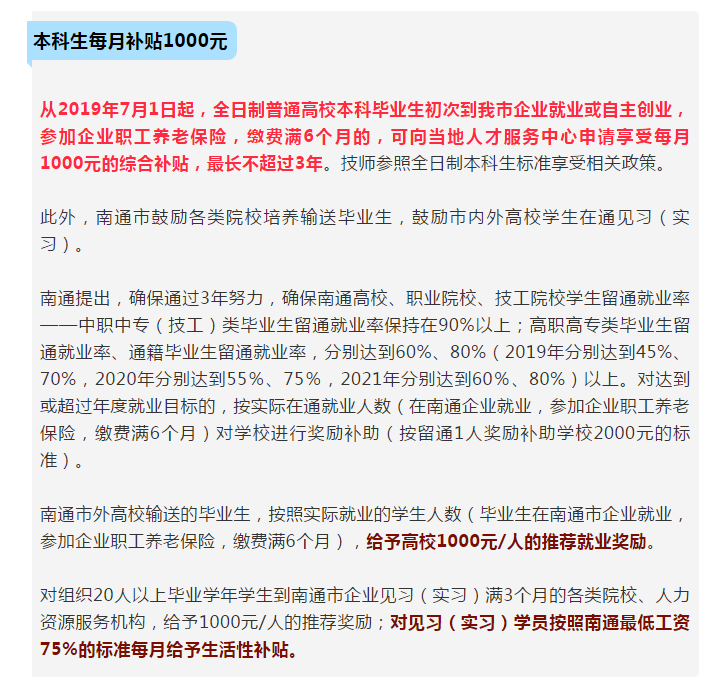 大專以上無條件落戶！本科生每月補貼1000元！南通人才新政好猛